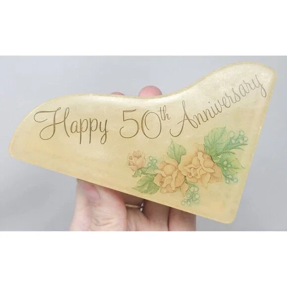 Hand Carved Alabaster Piano Trinket Box Italy Floral Happy 50th Anniversary